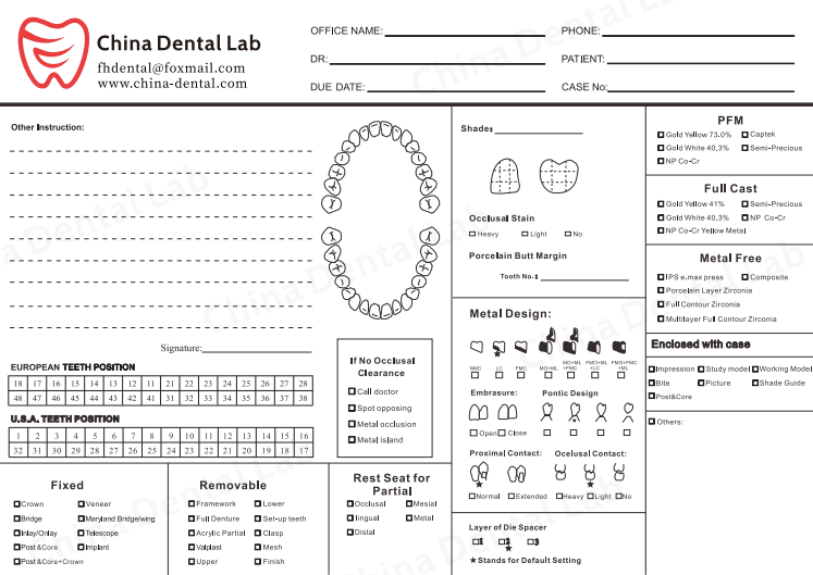 China dental lab order form